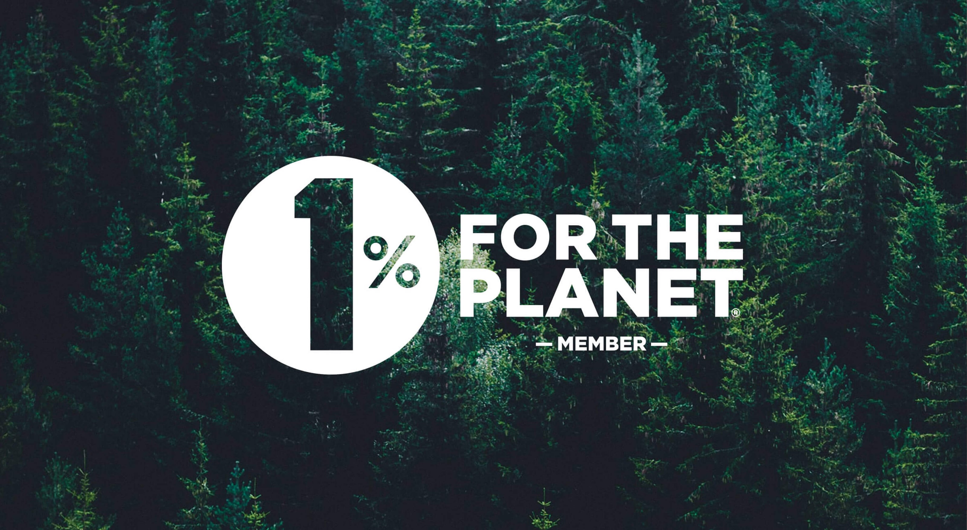 One percent for the planet logo on a dark green forest background