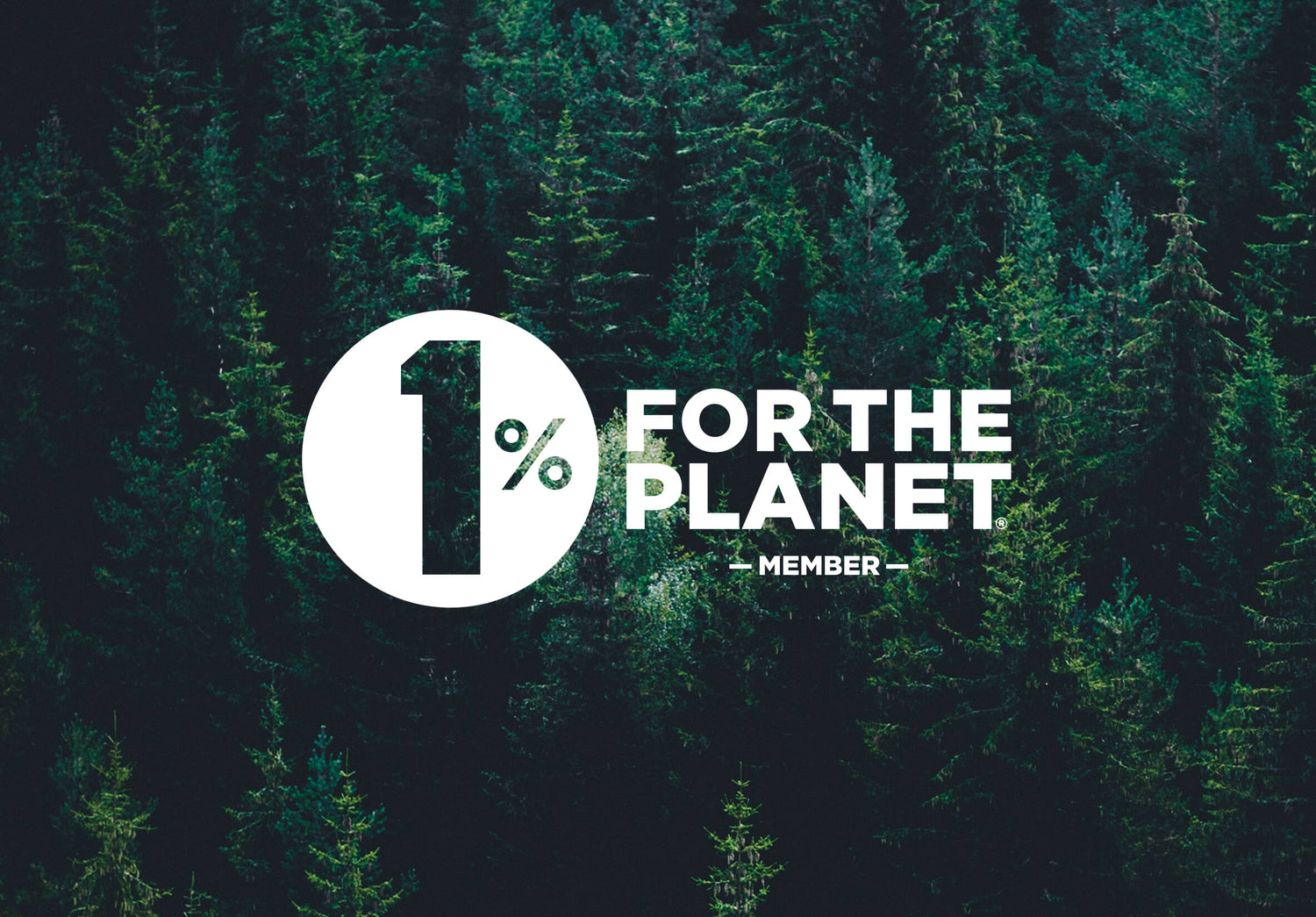 One percent for the planet logo on a dark green forest background